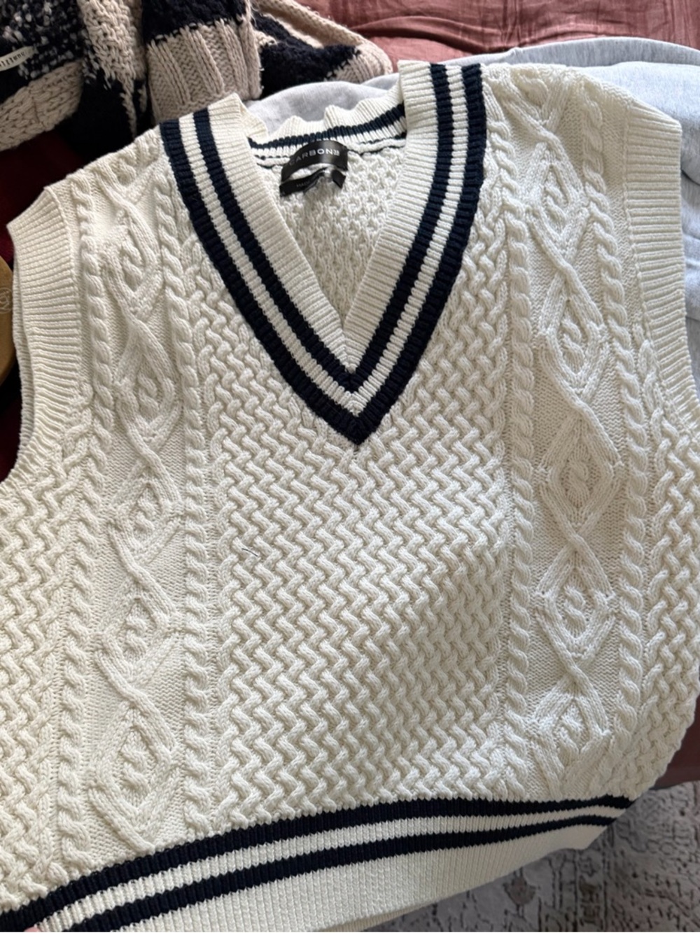 Carbon38 Cream Cable Knit V-Neck Sweater Vest with Navy Trim